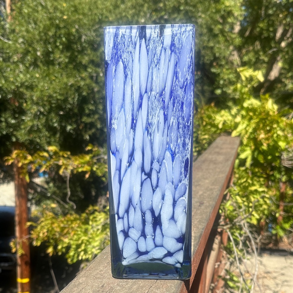 Vintage Blue and White Hand Blown Glass Vase - Picture 7 of 8